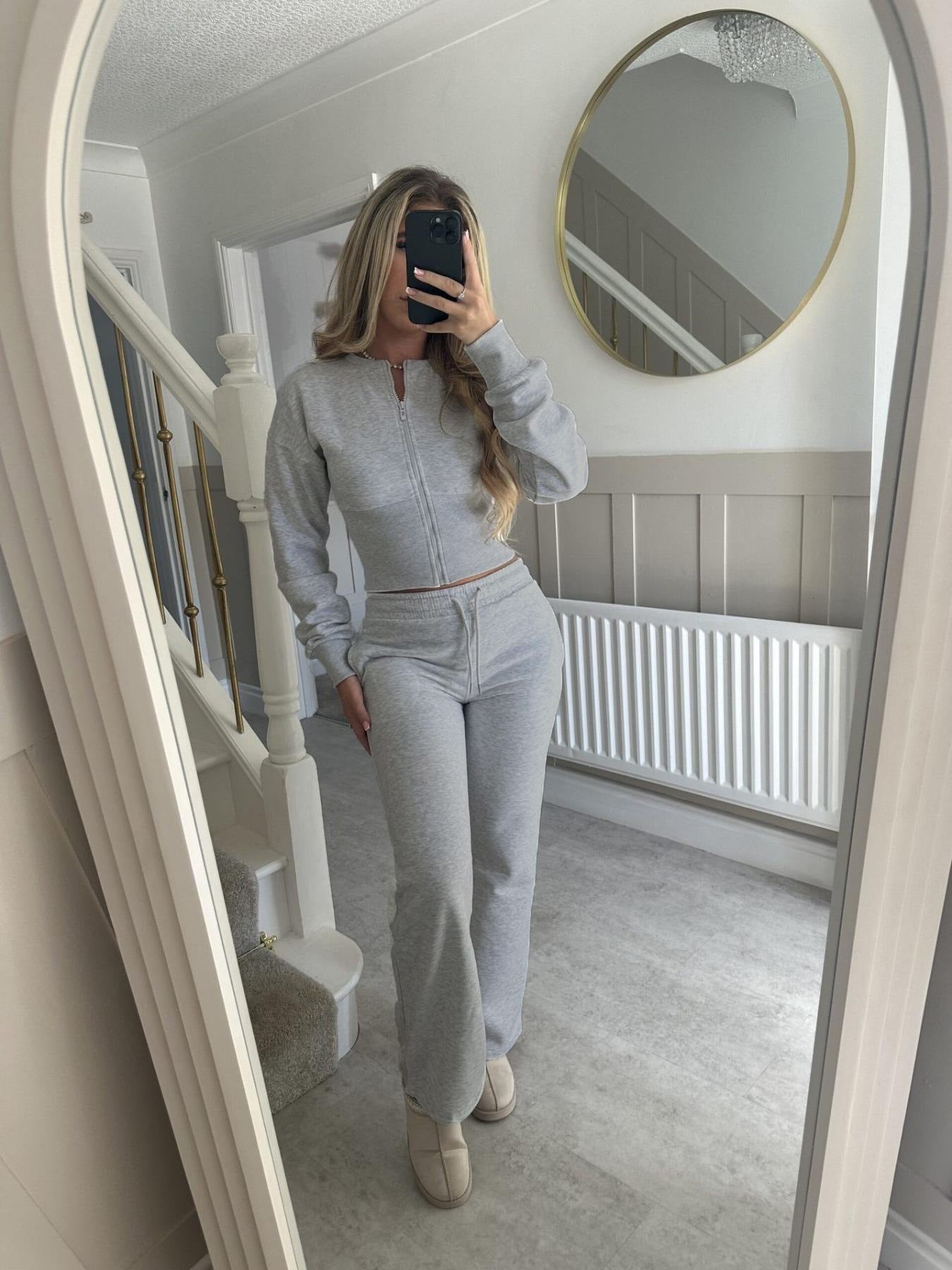 Solid Color Zipper Cardigan and Straight Leg Pants Tracksuit