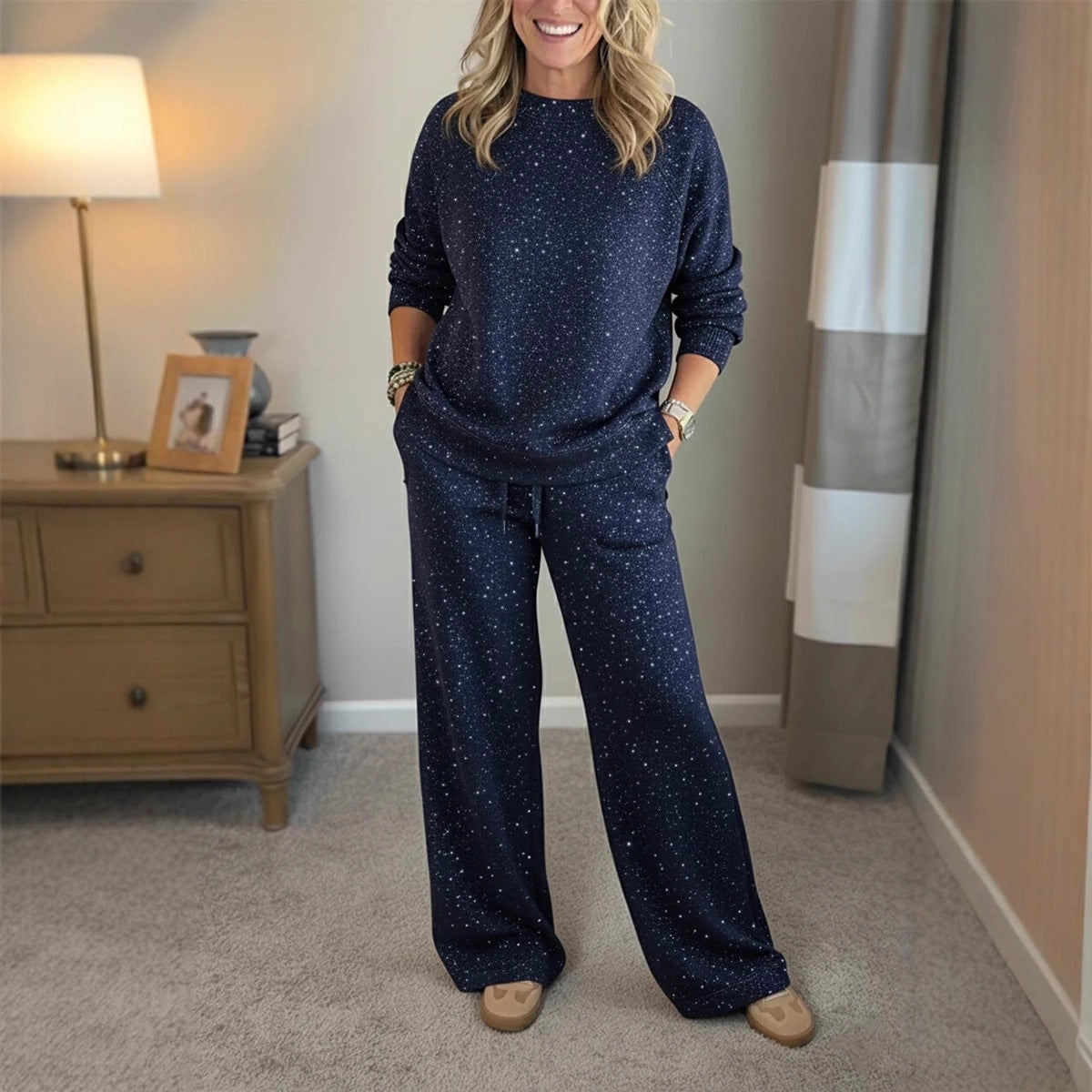 Women Round Neck Hot Diamond Flash Solid Color Casual Suit