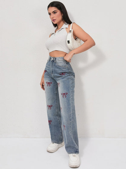 Bow embroidered wide jeans - MYSTERYBOXS