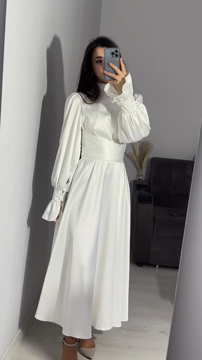 Long Sleeve Waist Puff Sleeve Solid Color Fairy Style Dress - MYSTERYBOXS