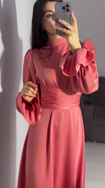 Long Sleeve Waist Puff Sleeve Solid Color Fairy Style Dress - MYSTERYBOXS