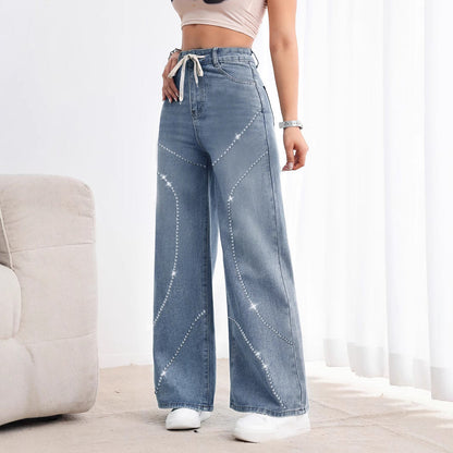 Rhinestone Beaded Denim Pants - MYSTERYBOXS
