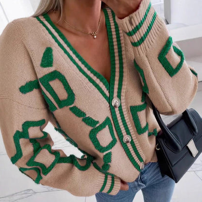 Jacquard color-blocked V-neck button-down cardigan sweater