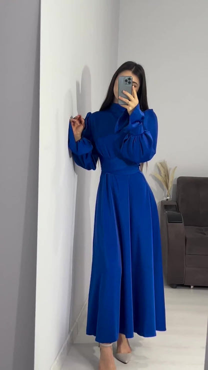 Long Sleeve Waist Puff Sleeve Solid Color Fairy Style Dress - MYSTERYBOXS