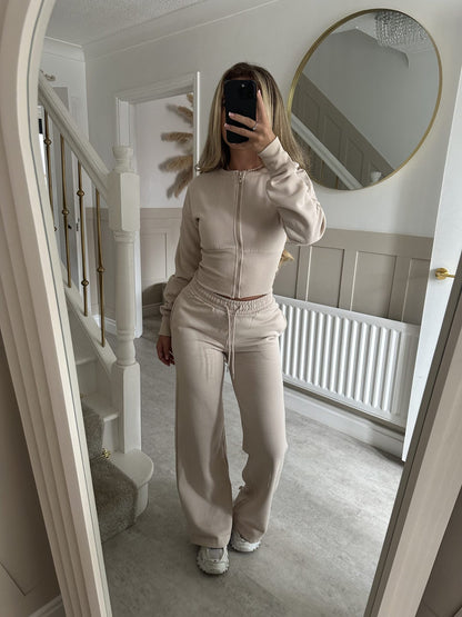 Solid Color Zipper Cardigan and Straight Leg Pants Tracksuit