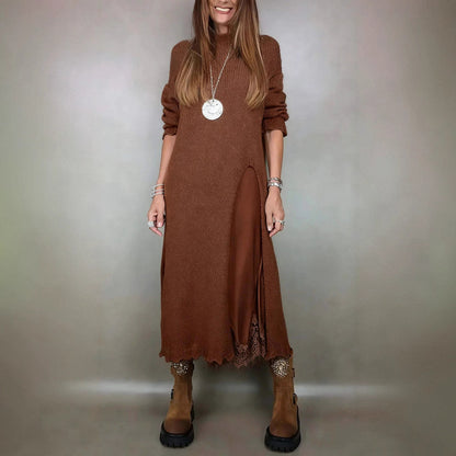 Solid color long-sleeved slit knit midi dress