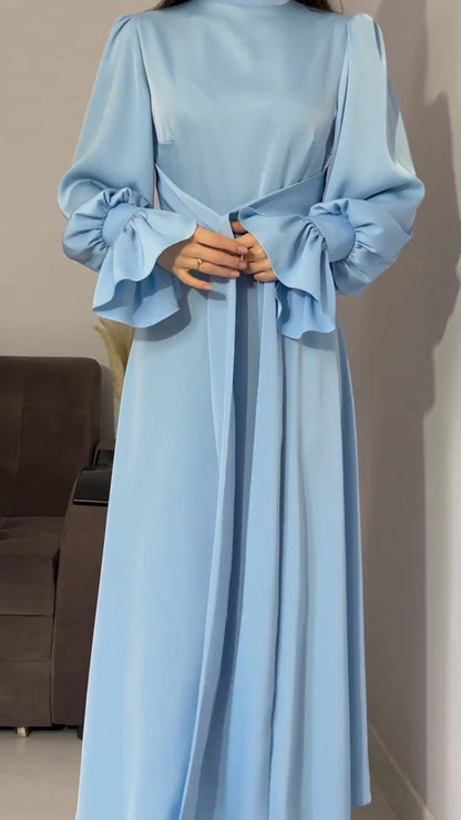 Long Sleeve Waist Puff Sleeve Solid Color Fairy Style Dress - MYSTERYBOXS