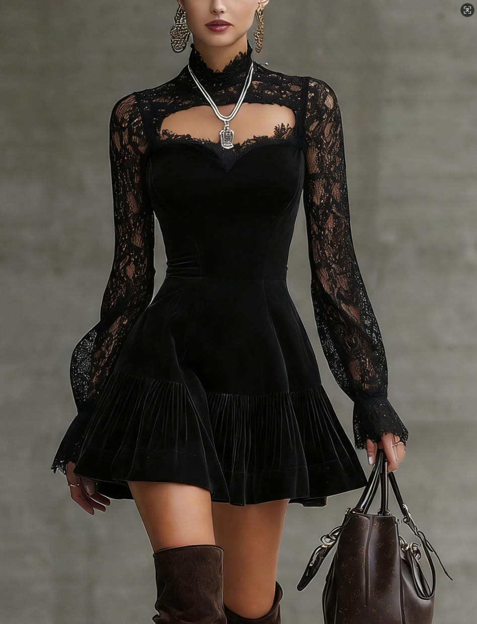 Elegant High-Neck Velvet Lace Dress - MYSTERYBOXS