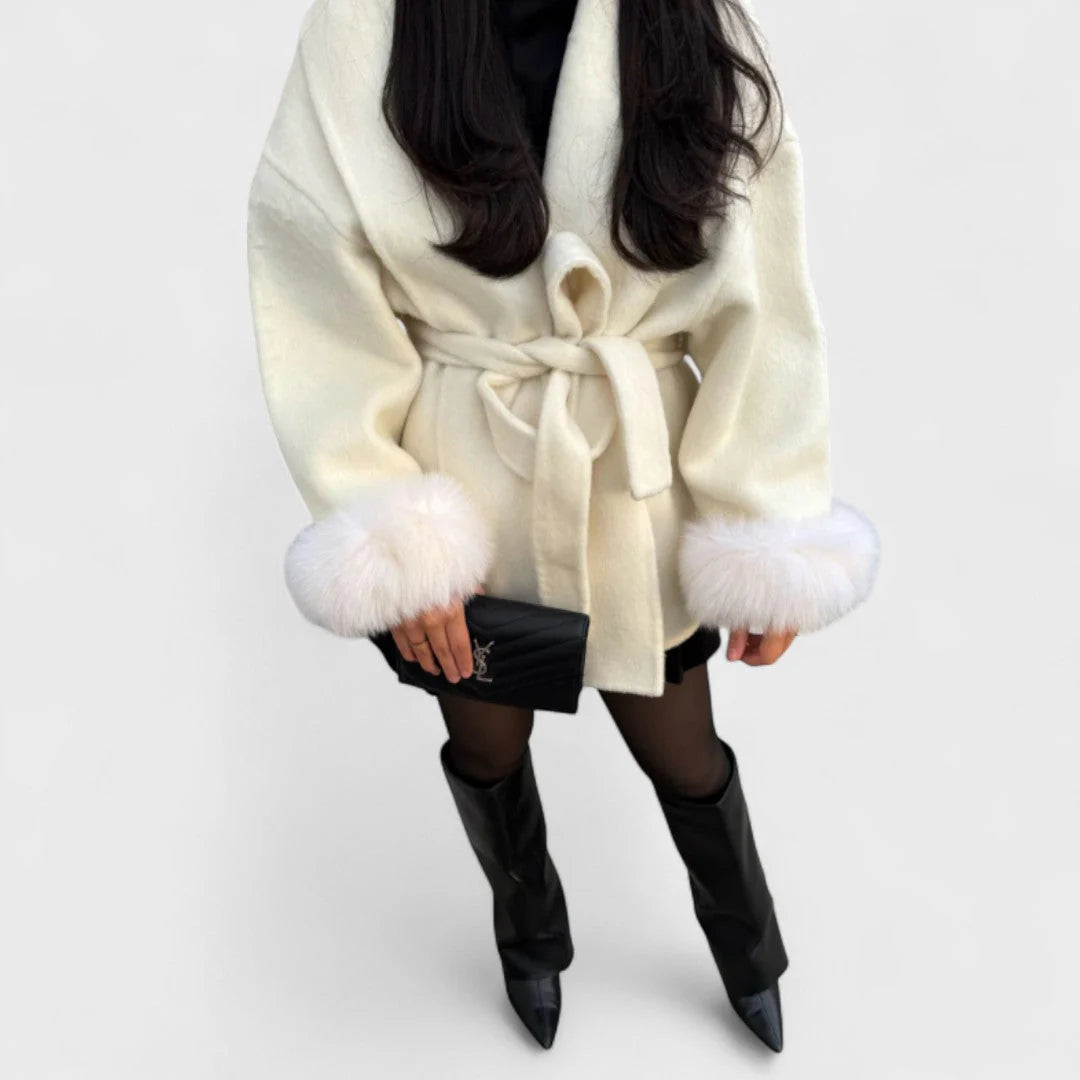 Elegant wool coat for women, with faux fur belt and cuffs