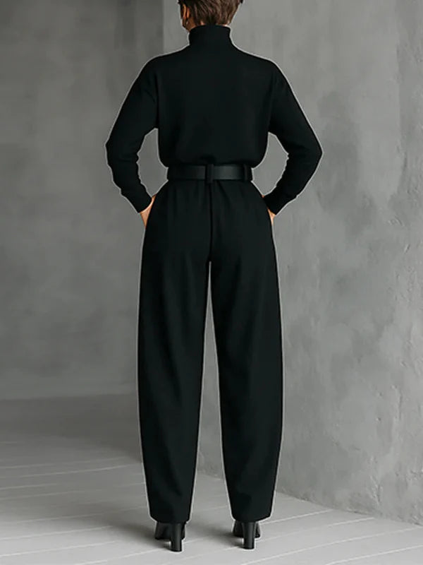 High-neck sweater and high-waisted straight-leg pants set - MYSTERYBOXS