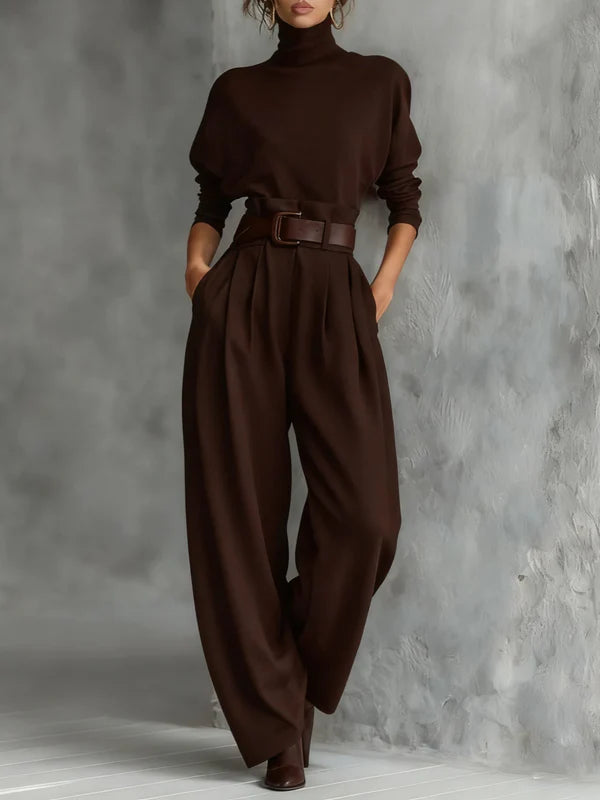High-neck sweater and high-waisted straight-leg pants set - MYSTERYBOXS