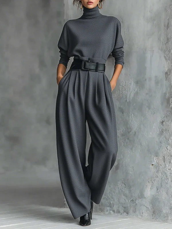 High-neck sweater and high-waisted straight-leg pants set - MYSTERYBOXS