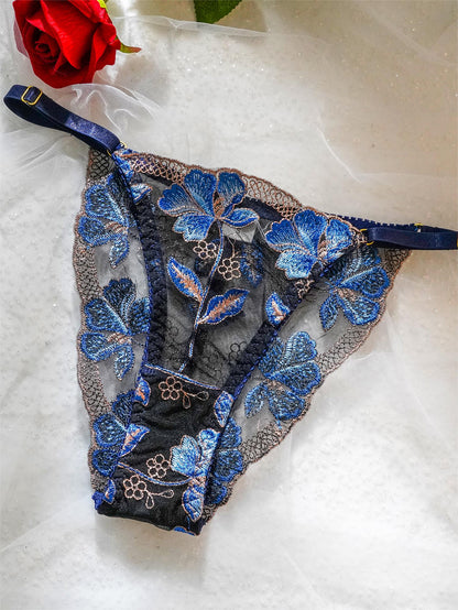 Blue Floral Embroidery Widen Side Lingerie Set - MYSTERYBOXS