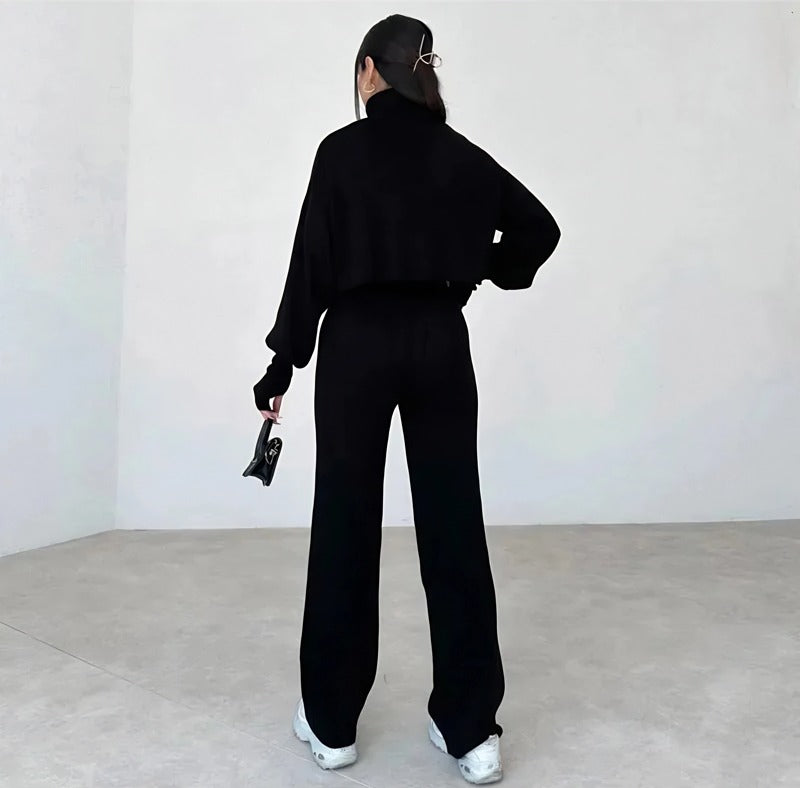 High-neck cropped sweater and high-waisted pants knit set