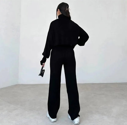 High-neck cropped sweater and high-waisted pants knit set