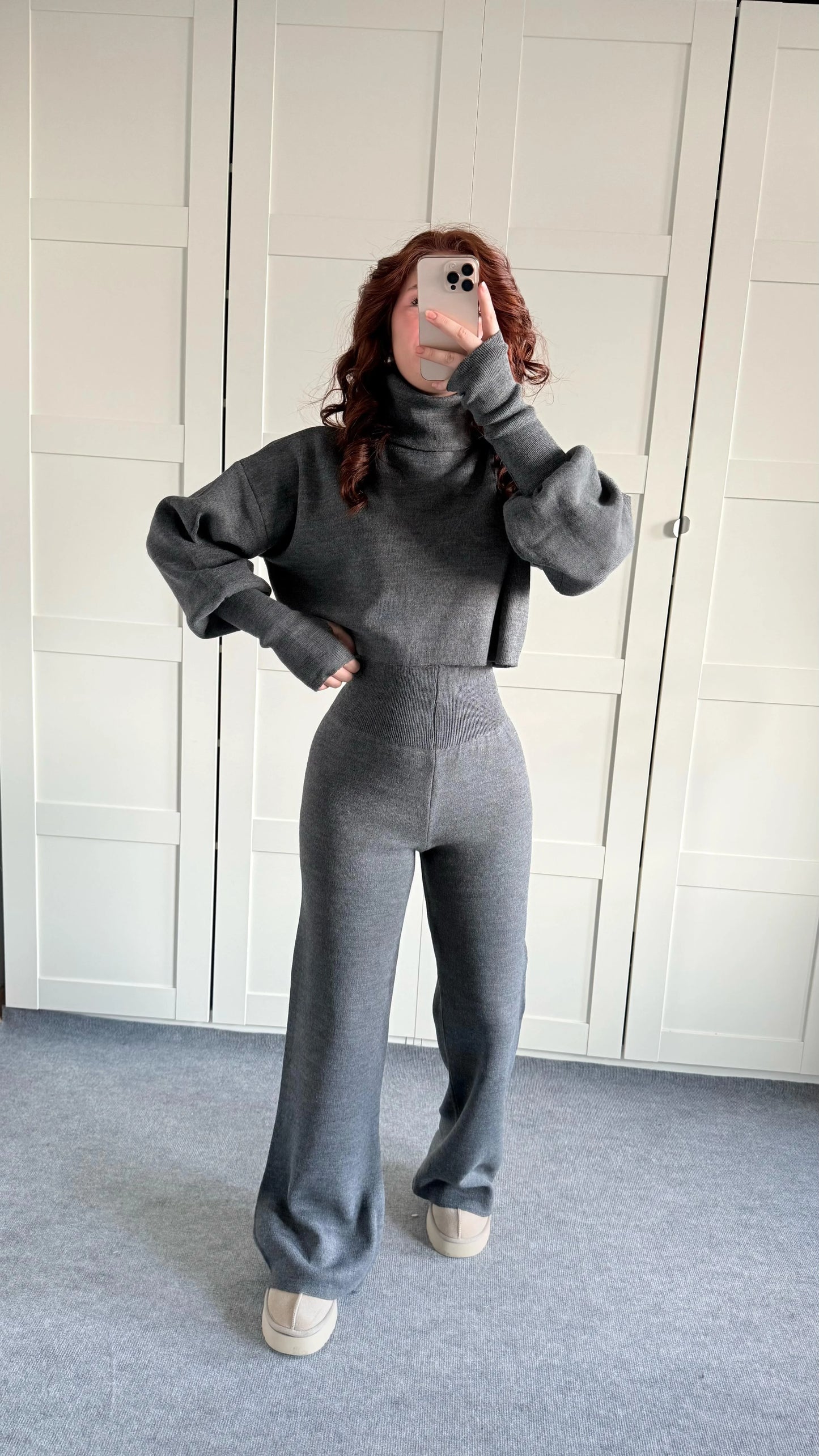 High-neck cropped sweater and high-waisted pants knit set