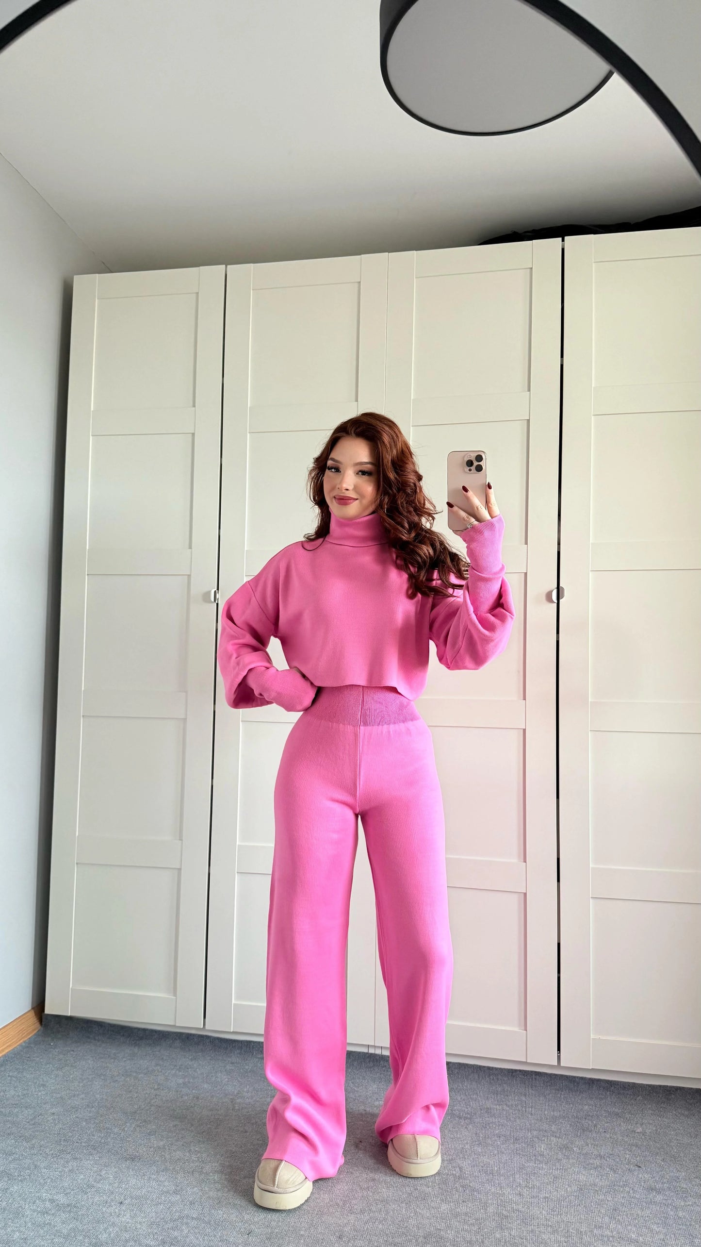 High-neck cropped sweater and high-waisted pants knit set
