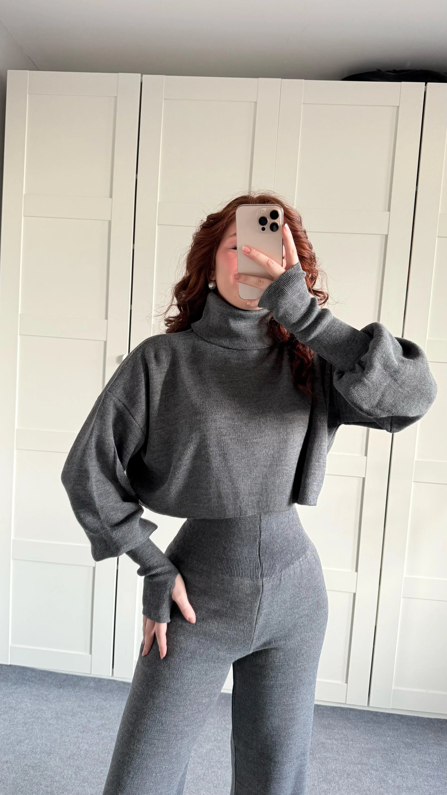 High-neck cropped sweater and high-waisted pants knit set
