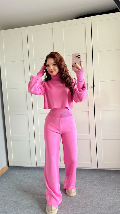 High-neck cropped sweater and high-waisted pants knit set