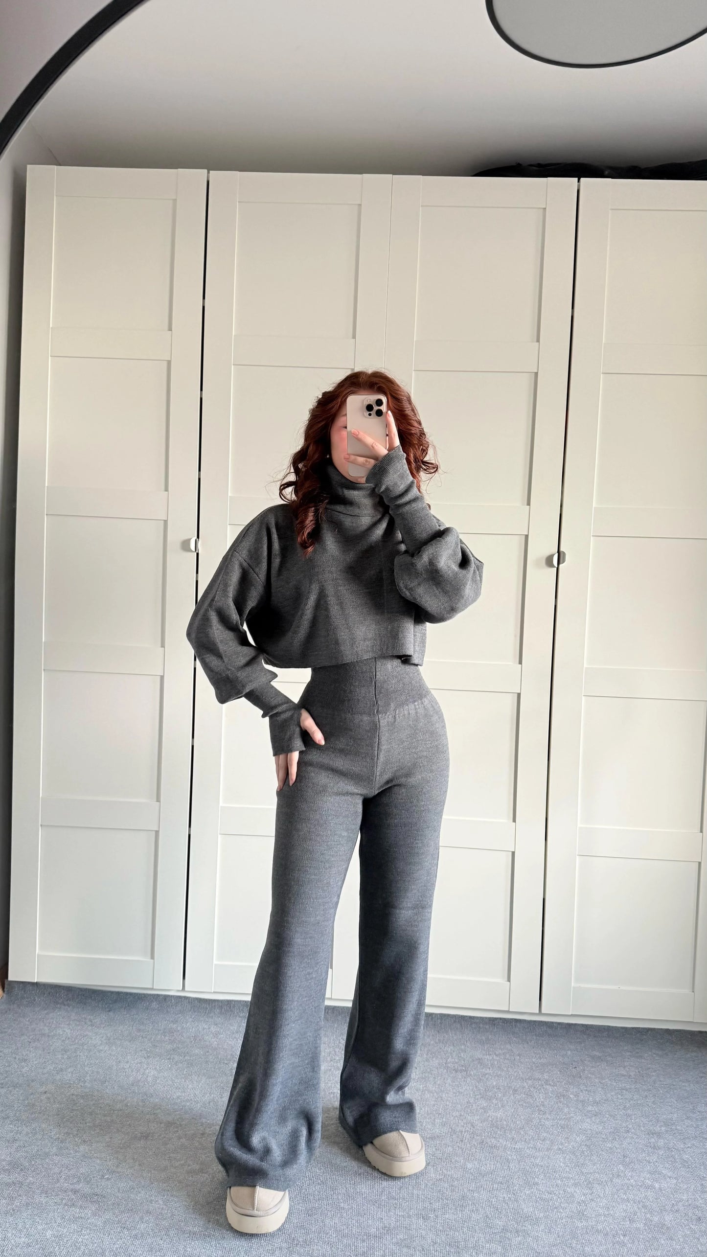 High-neck cropped sweater and high-waisted pants knit set