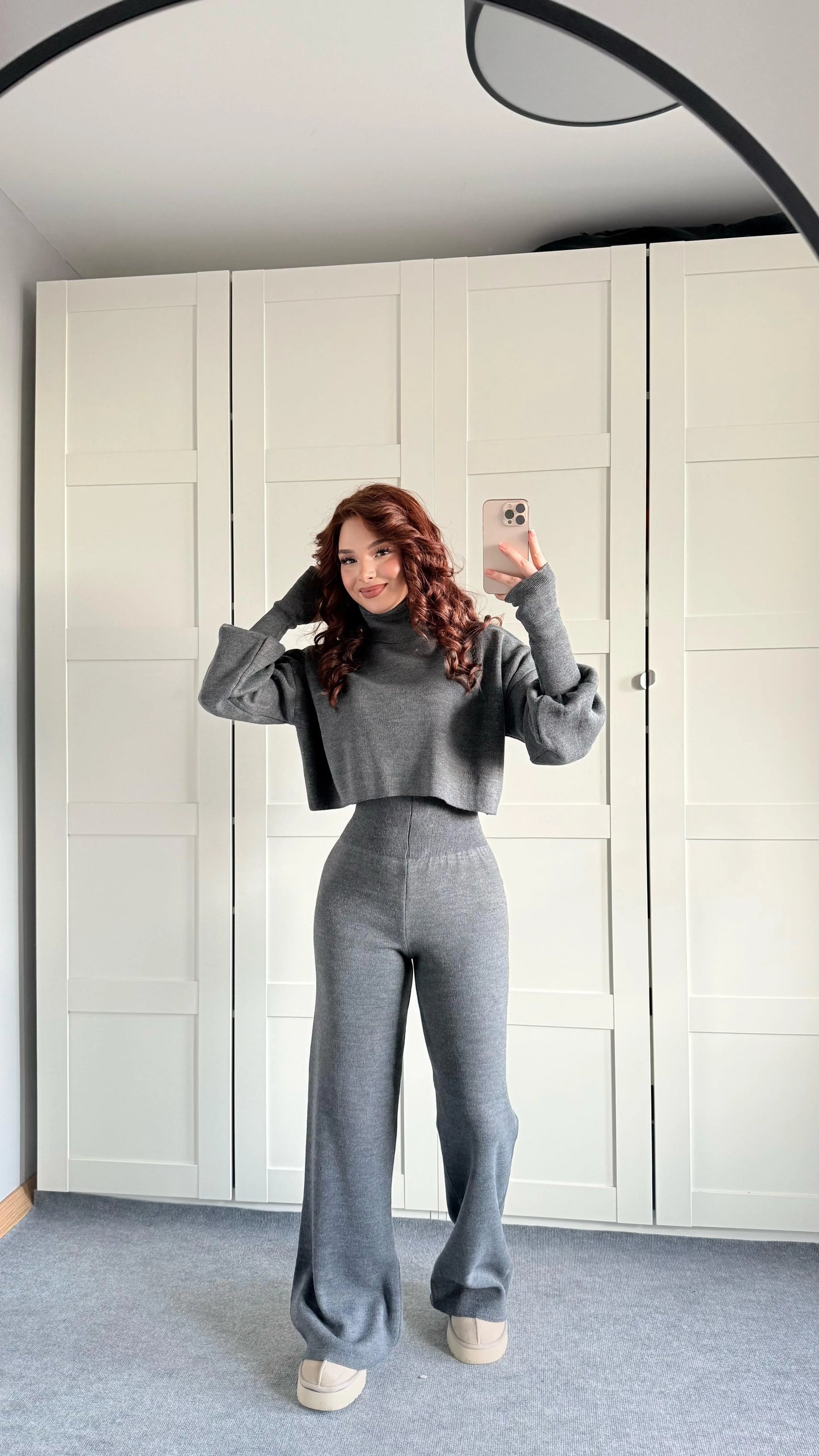 High-neck cropped sweater and high-waisted pants knit set