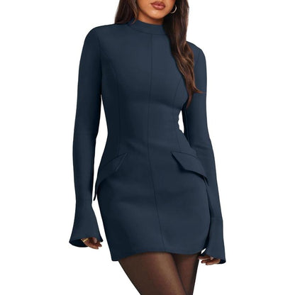 Elegant Mock Neck Long Sleeve Bodycon Mini Dress