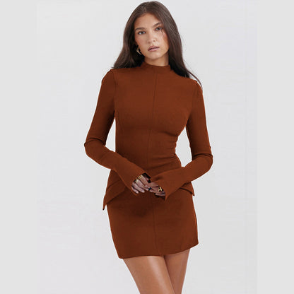 Elegant Mock Neck Long Sleeve Bodycon Mini Dress - MYSTERYBOXS
