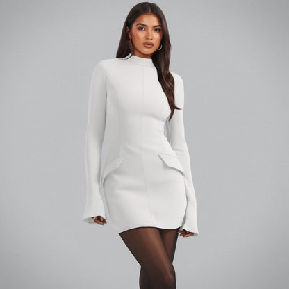 Elegant Mock Neck Long Sleeve Bodycon Mini Dress - MYSTERYBOXS