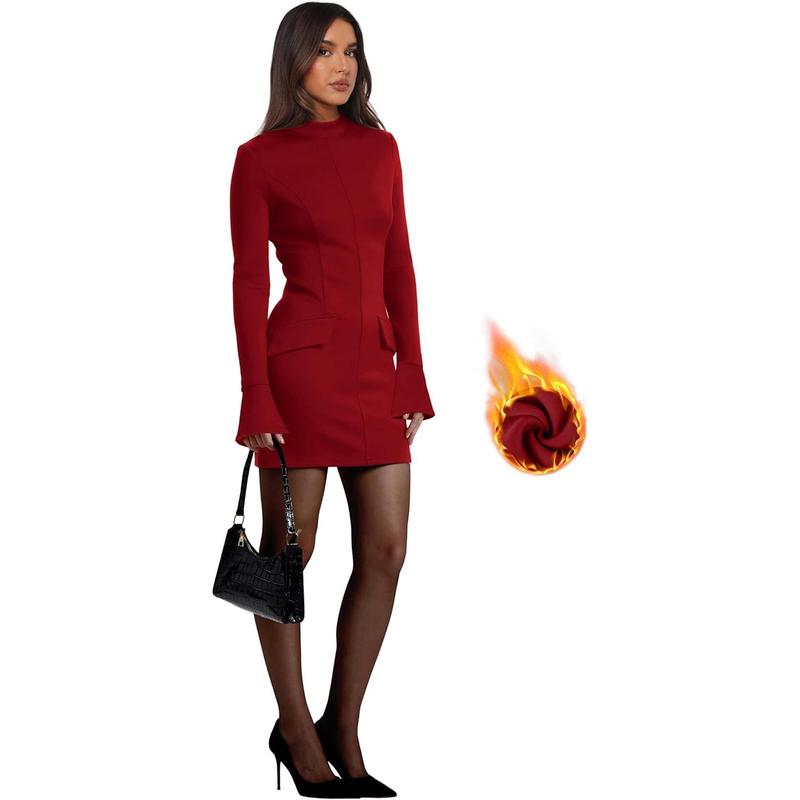 Elegant Mock Neck Long Sleeve Bodycon Mini Dress - MYSTERYBOXS