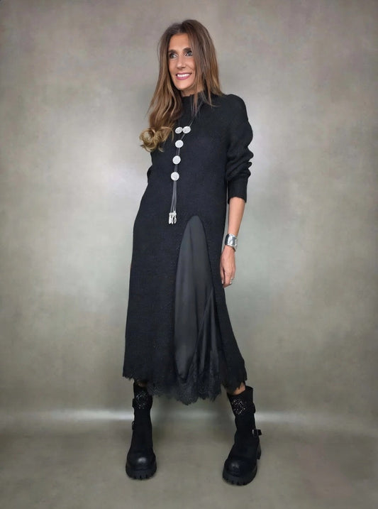 Solid color long-sleeved slit knit midi dress - MYSTERYBOXS