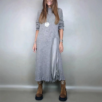 Solid color long-sleeved slit knit midi dress - MYSTERYBOXS