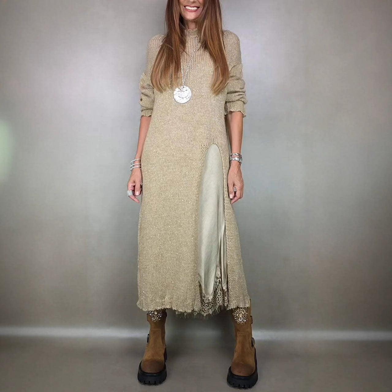 Solid color long-sleeved slit knit midi dress - MYSTERYBOXS