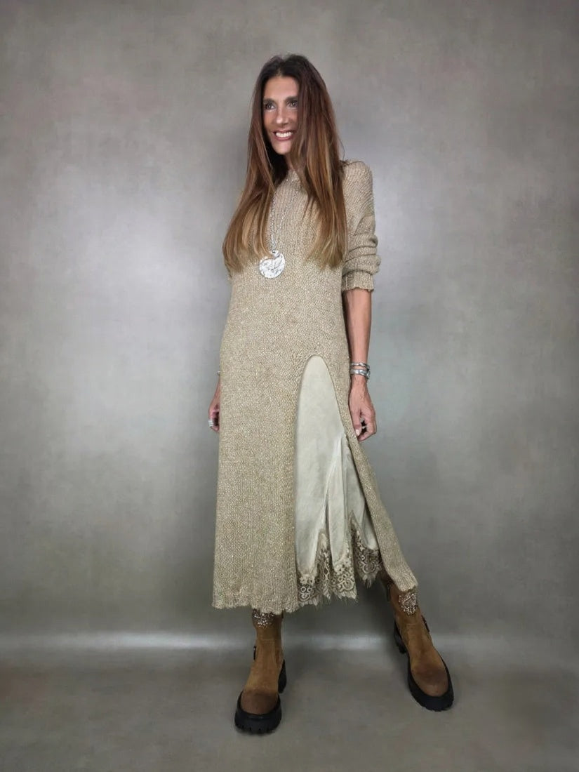 Solid color long-sleeved slit knit midi dress - MYSTERYBOXS