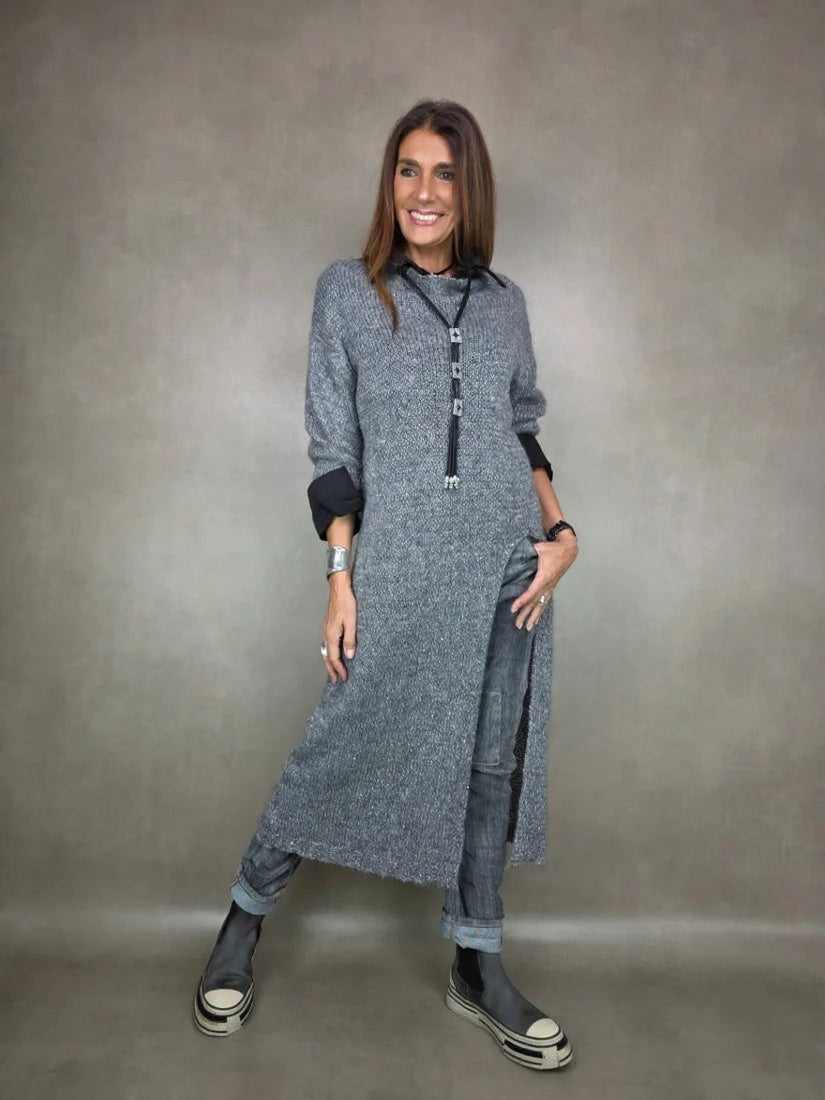 Solid color long-sleeved slit knit midi dress - MYSTERYBOXS