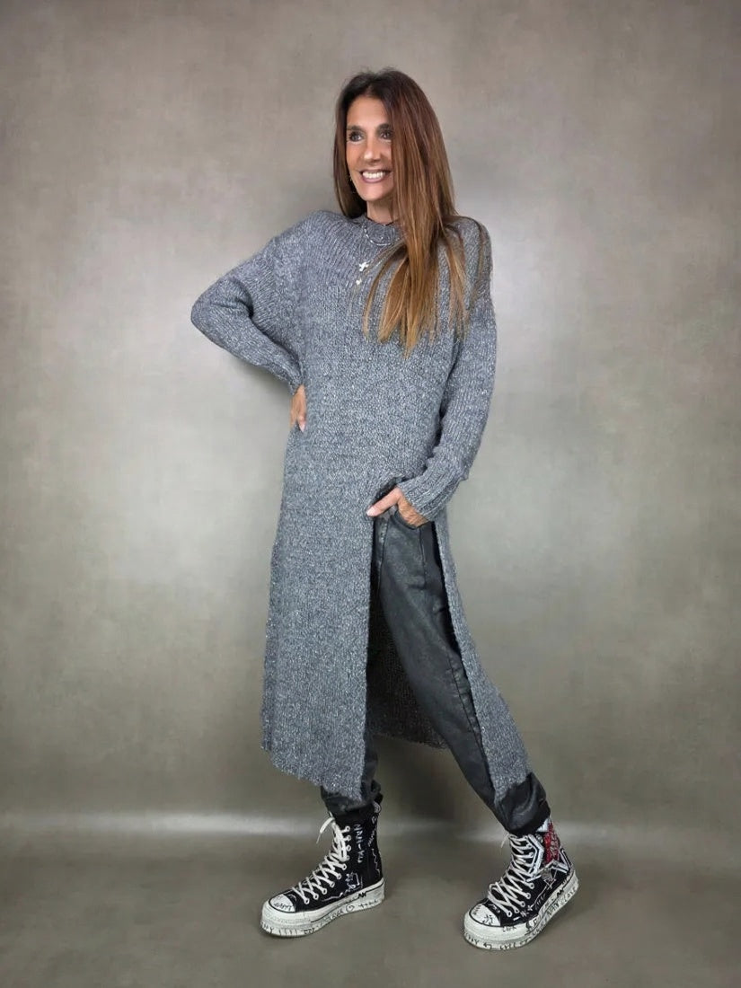 Solid color long-sleeved slit knit midi dress - MYSTERYBOXS