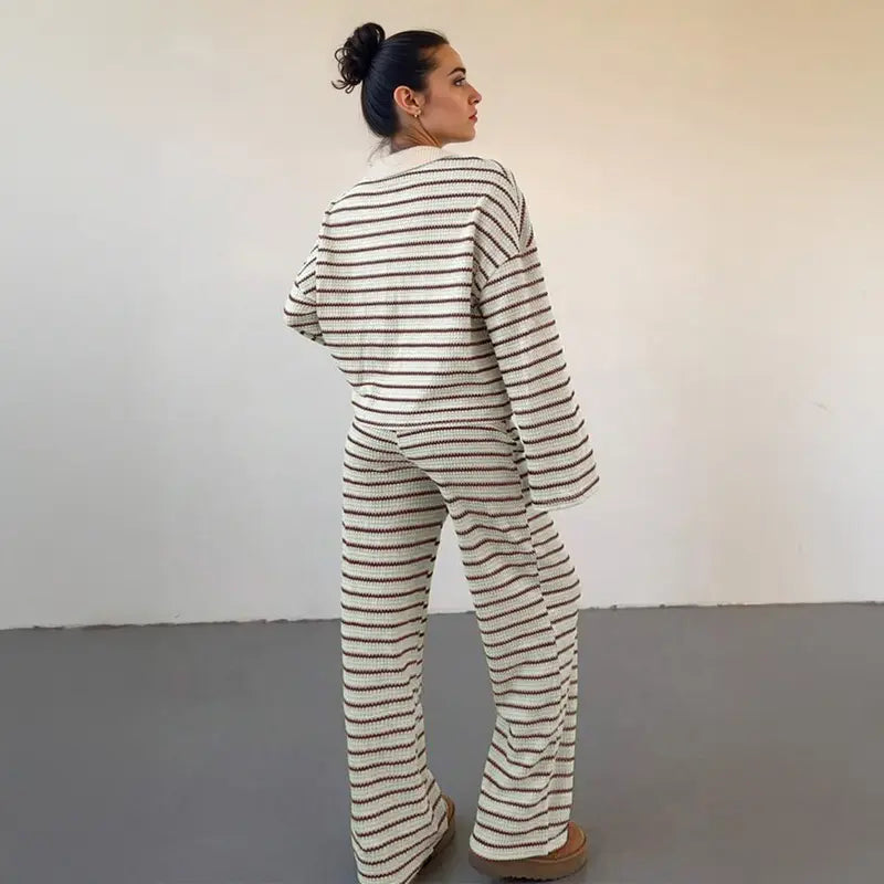 Colorblock striped V-neck loose two-piece set - MYSTERYBOXS