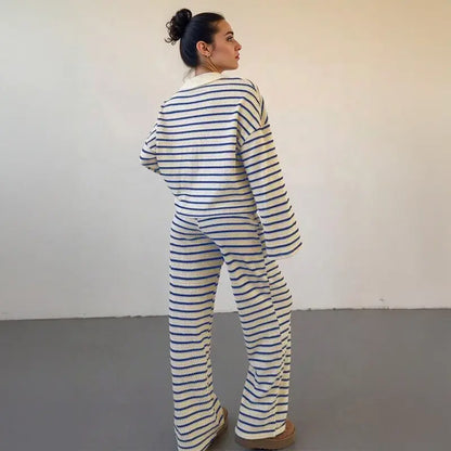 Colorblock striped V-neck loose two-piece set - MYSTERYBOXS
