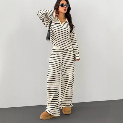 Colorblock striped V-neck loose two-piece set - MYSTERYBOXS