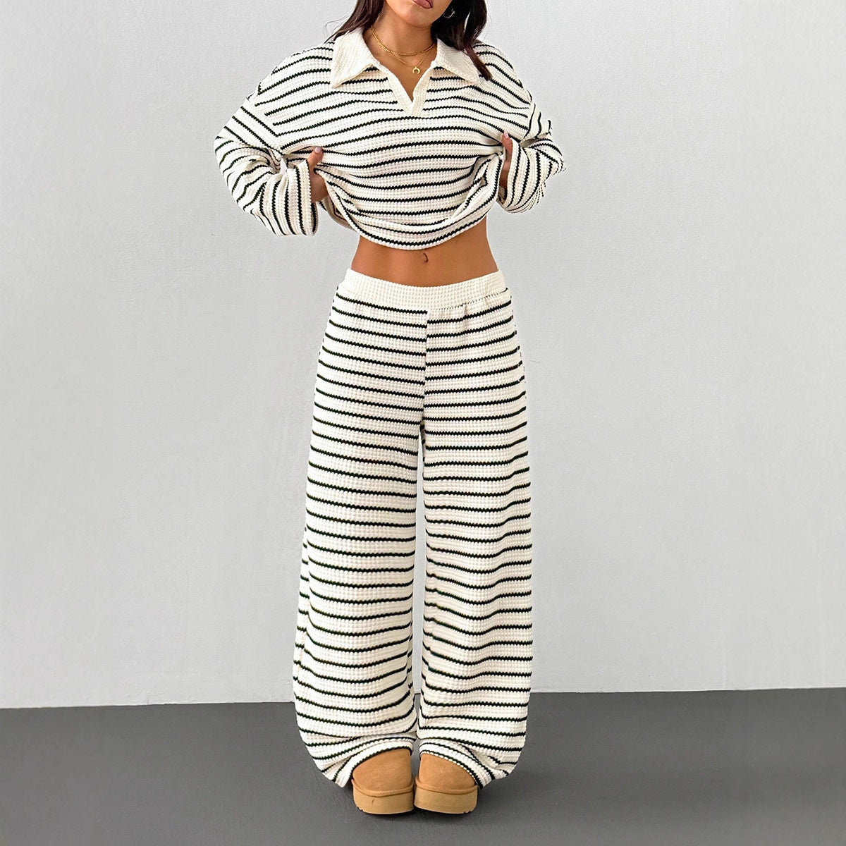 Colorblock striped V-neck loose two-piece set - MYSTERYBOXS