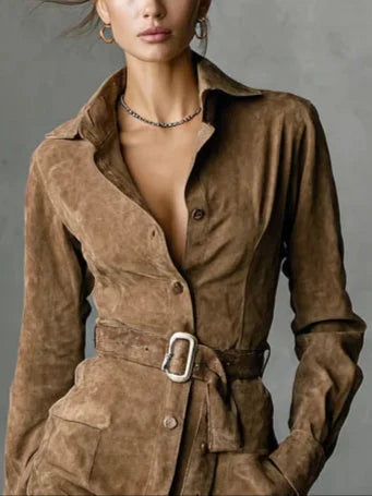 Suede Single Breasted Lapel Long Sleeve Midi Dress（Includes belt） - MYSTERYBOXS