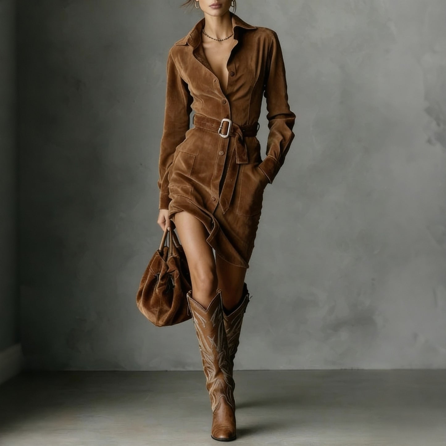 Suede Single Breasted Lapel Long Sleeve Midi Dress（Includes belt） - MYSTERYBOXS