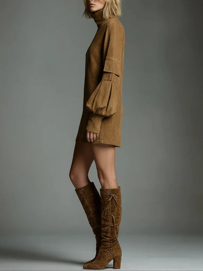 VINTAGE LOOSE SUEDE TURTLENECK MINI DRESS - MYSTERYBOXS