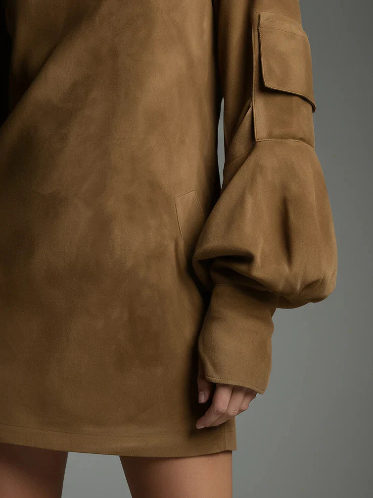 VINTAGE LOOSE SUEDE TURTLENECK MINI DRESS - MYSTERYBOXS