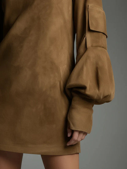 VINTAGE LOOSE SUEDE TURTLENECK MINI DRESS - MYSTERYBOXS