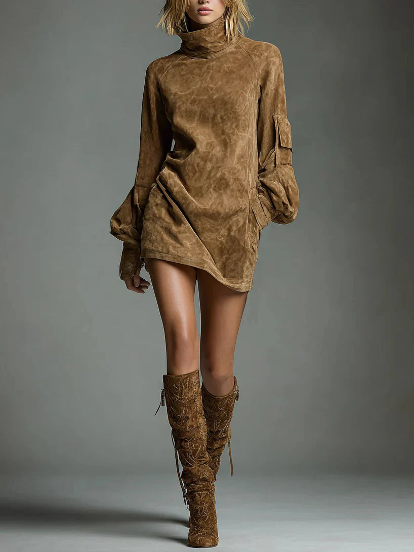 VINTAGE LOOSE SUEDE TURTLENECK MINI DRESS - MYSTERYBOXS