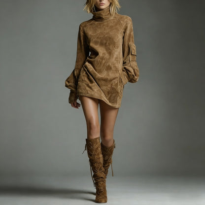 VINTAGE LOOSE SUEDE TURTLENECK MINI DRESS - MYSTERYBOXS
