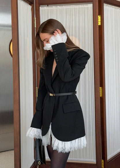 Elegant Loose Fit Blazer with Lace Hem - MYSTERYBOXS