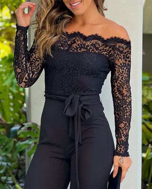 Elegant Off-Shoulder Lace Tied Jumpsuit - MYSTERYBOXS