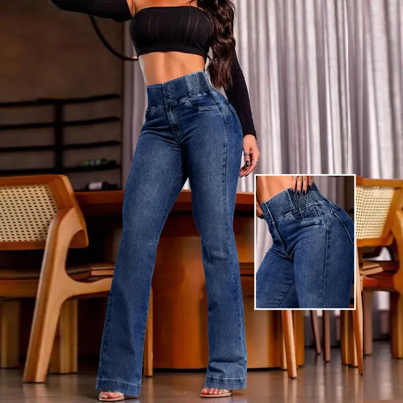 High-waisted gathered button jeans - MYSTERYBOXS