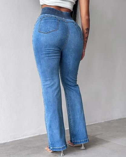 High-waisted gathered button jeans - MYSTERYBOXS